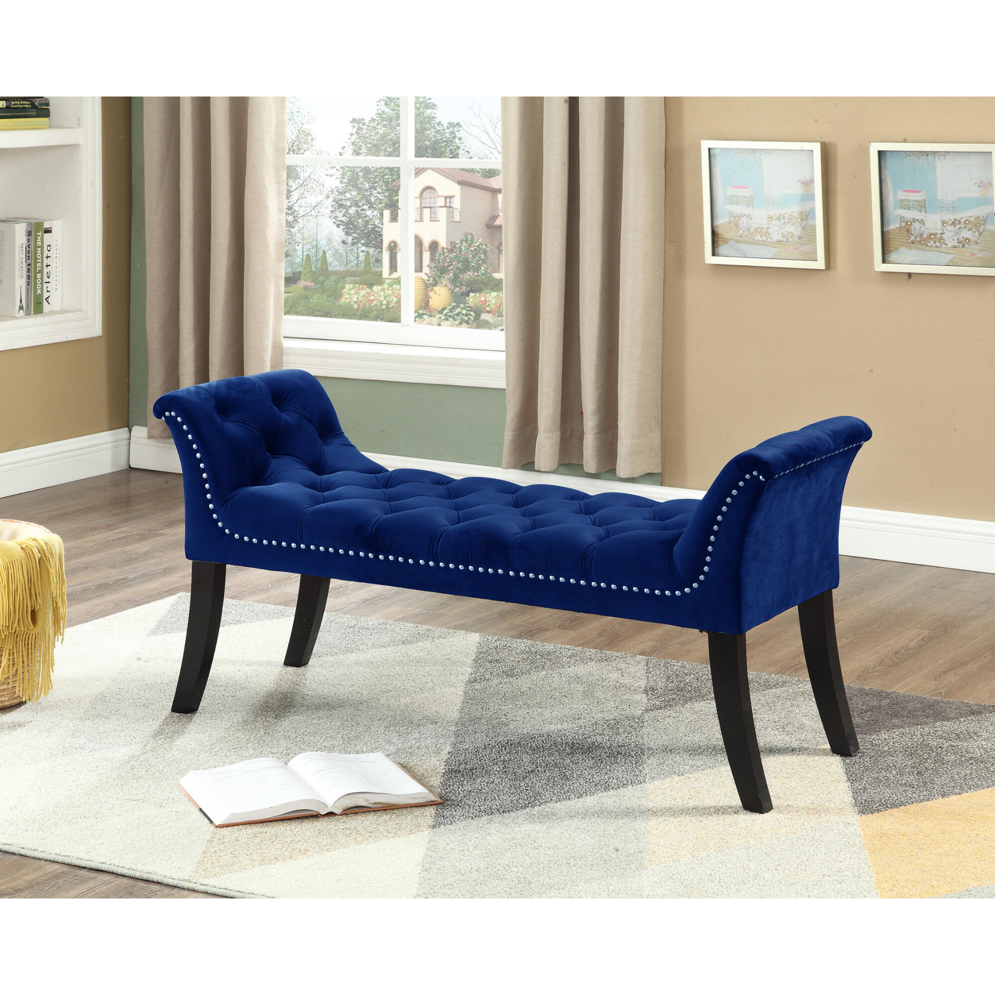 navy blue tufted bench