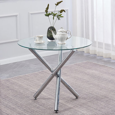 ((INCOMPLETE ONLY BASE )) Round Glass Dining Table With 3 Chrome Legs And Clear Tempered Glass 35.4" x 35.4" x 29.5"