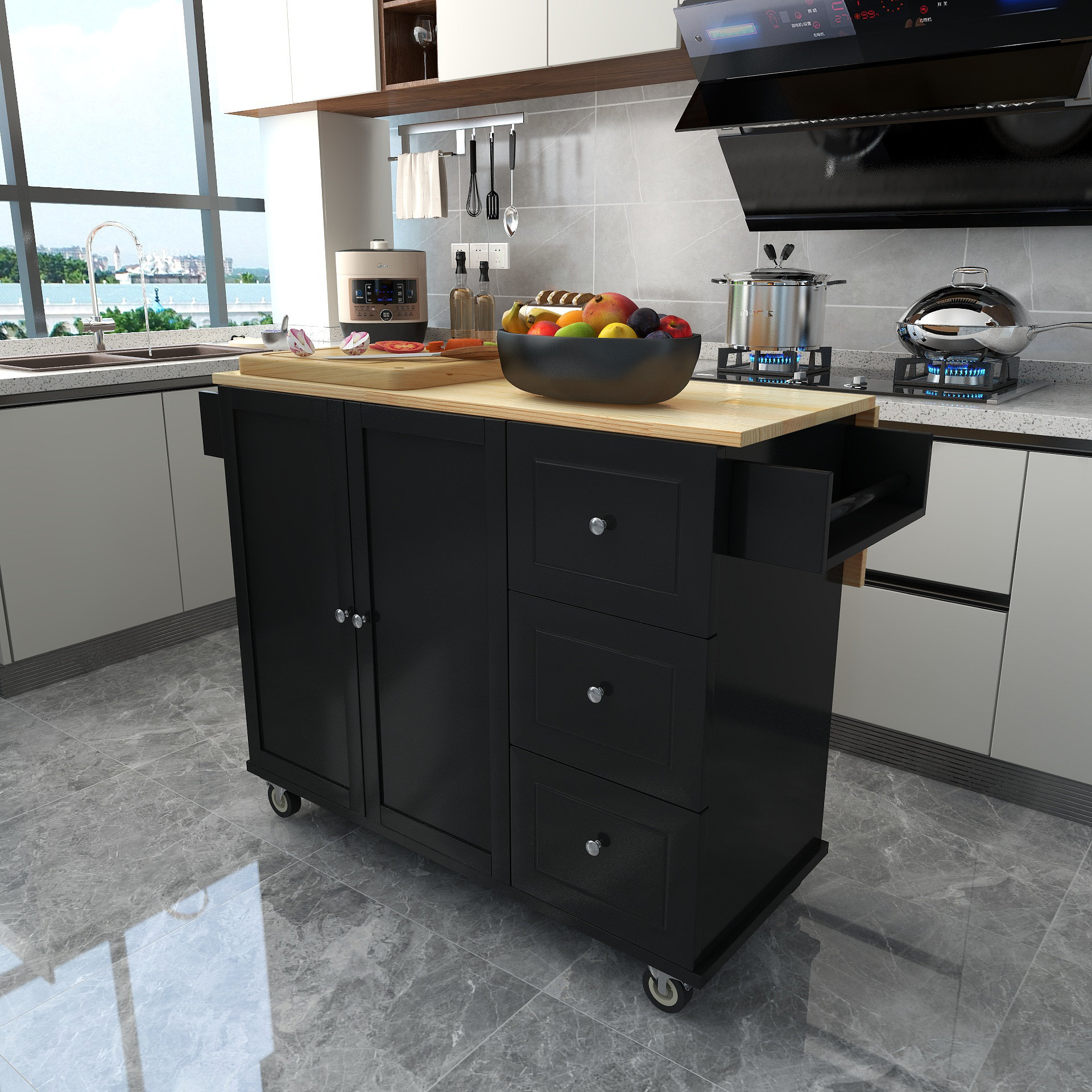 52.8'' Wide Rolling Kitchen Island with Solid Wood Top
