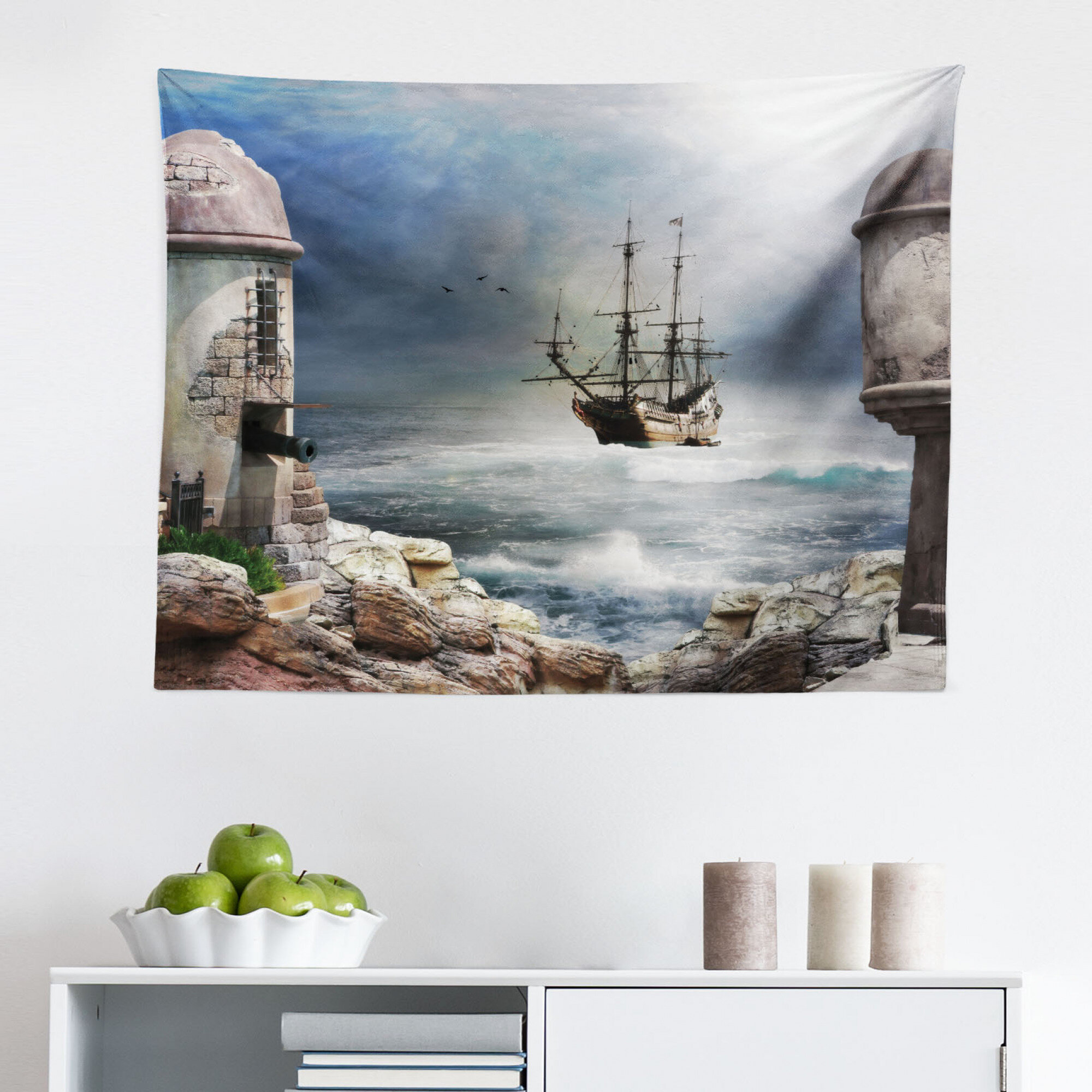Old Pirate Ship in Sea Tapestry Wall Hanging Decoration for Bedroom Living Room 