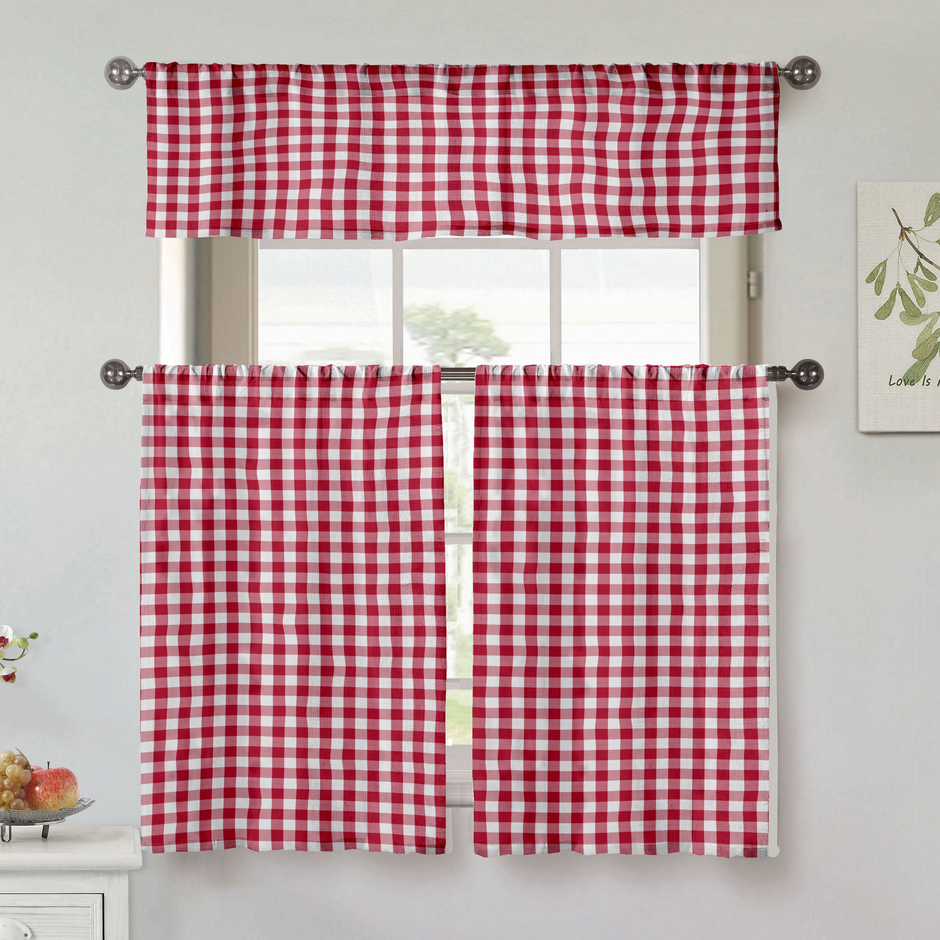 August Grove Wabasso 3 Piece Checkered Plaid Semi Sheer Kitchen