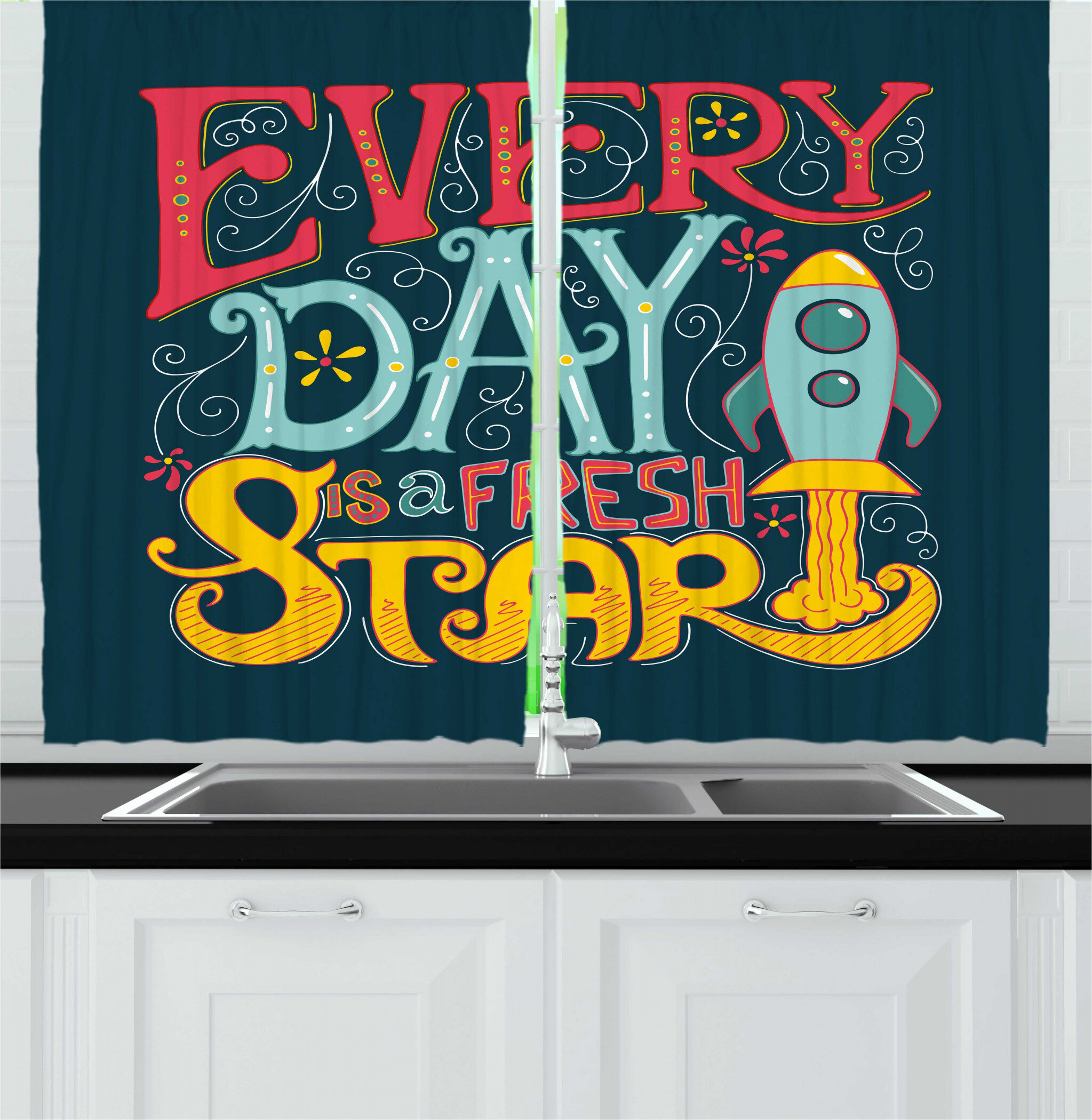 East Urban Home 2 Piece Saying Every Day Is A Fresh Start Typography With Doodle Rocket Ship Kitchen Curtains Set Wayfair