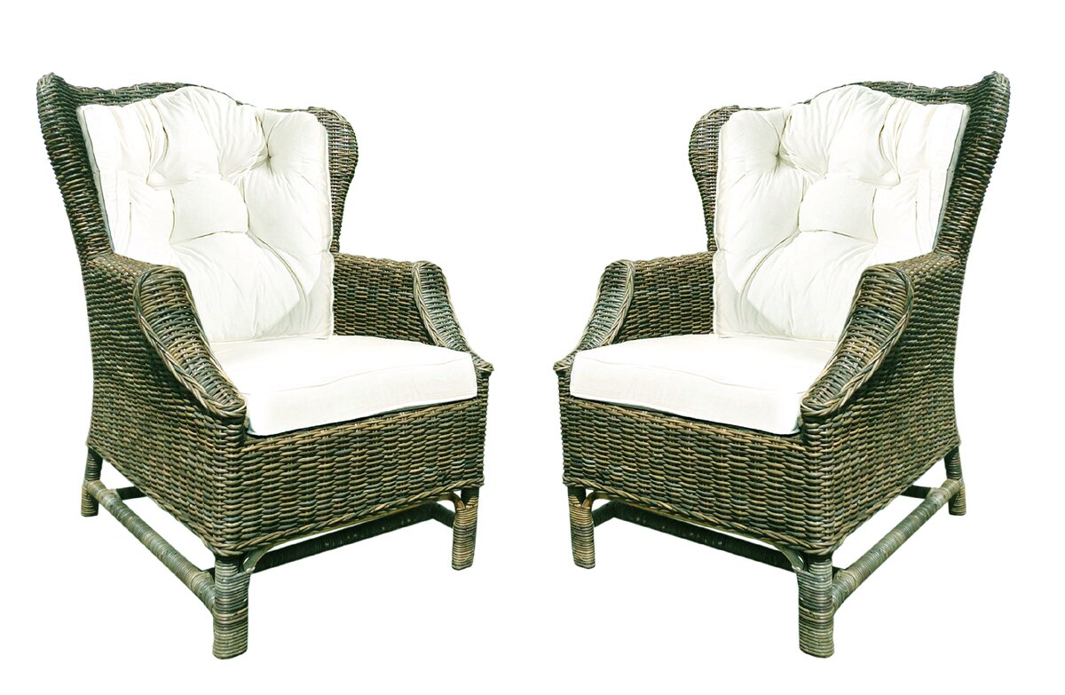 D Art Collection Rattan Wicker Wingback Chair Set With Cushions