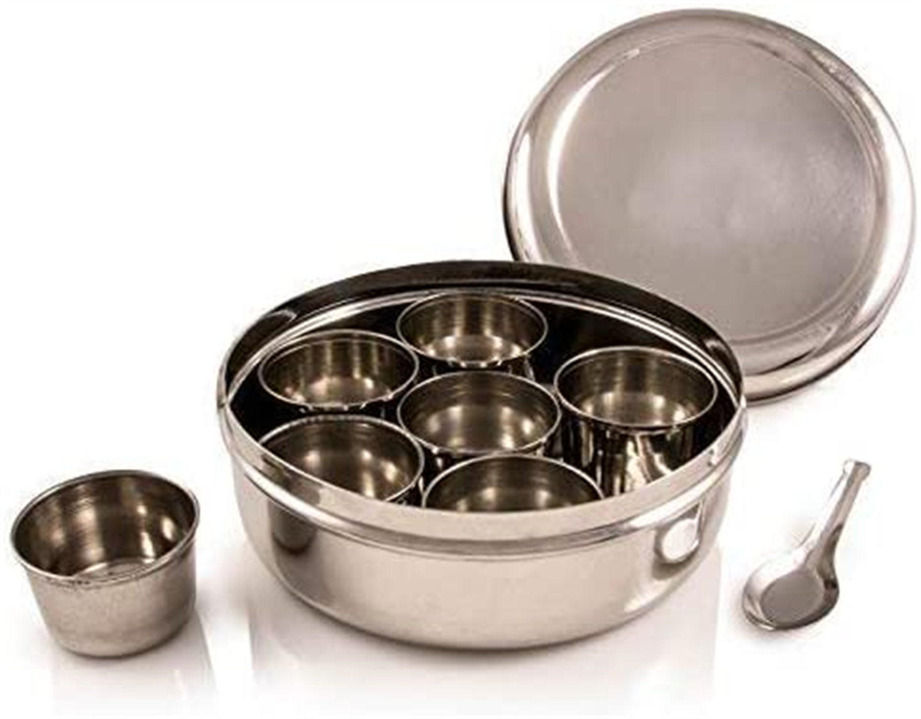 Masala dabba traditional spice box stainless steel with compartments and lid 
