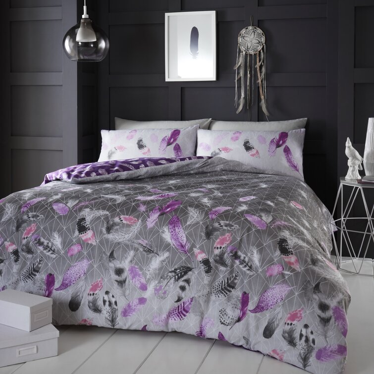 grey and purple duvet