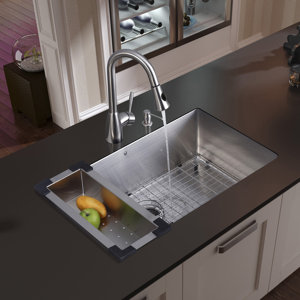 32 inch Undermount Single Bowl 16 Gauge Stainless Steel Kitchen Sink with Aylesbury Stainless Steel Faucet, Grid, Strainer, Colander and Soap Dispenser