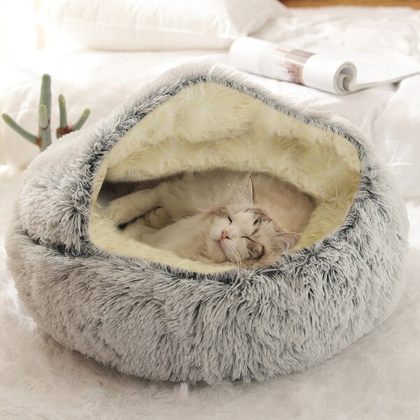 Covered Cat Bed Fluffy Indoor Round Anti-Skid Padded Warm Cozy Two-Way Use Beds for Small Dogs Kitten Puppy