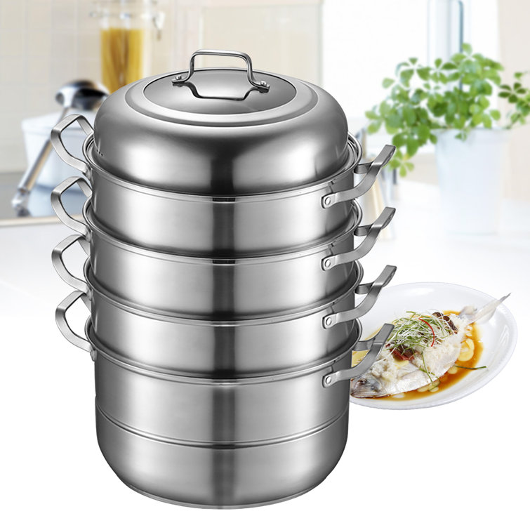 TFCFL 5Tier 12 Inch 304 Stainless Steel Steamer Pot Steaming Cookware Saucepan With Tempered