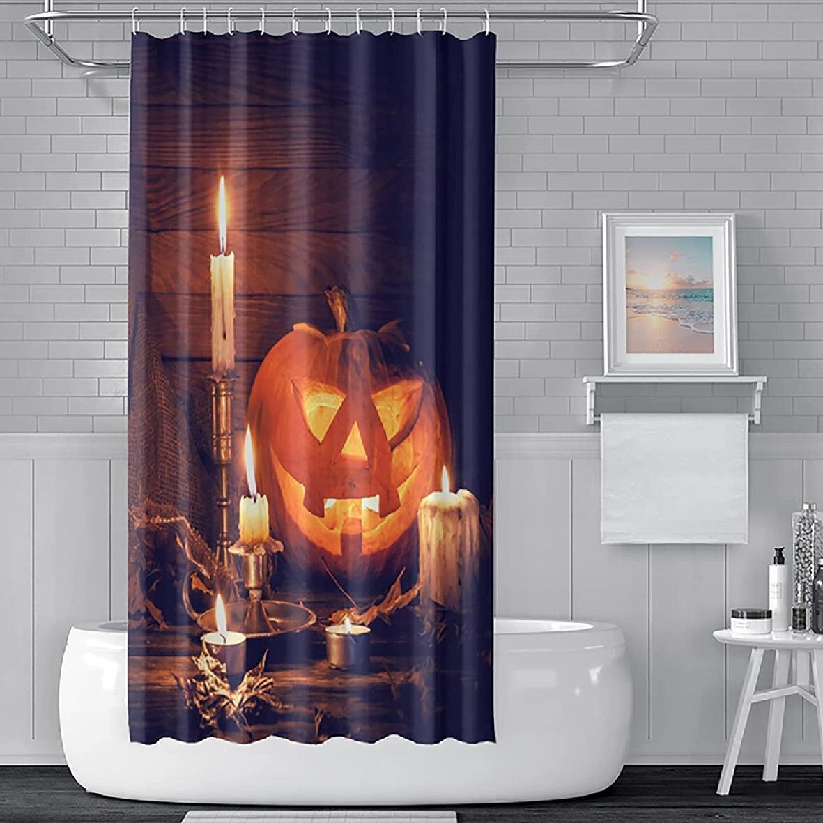 Halloween Night Horror Spooky Pumpkins Waterproof Fabric Shower Curtain Set 72" 