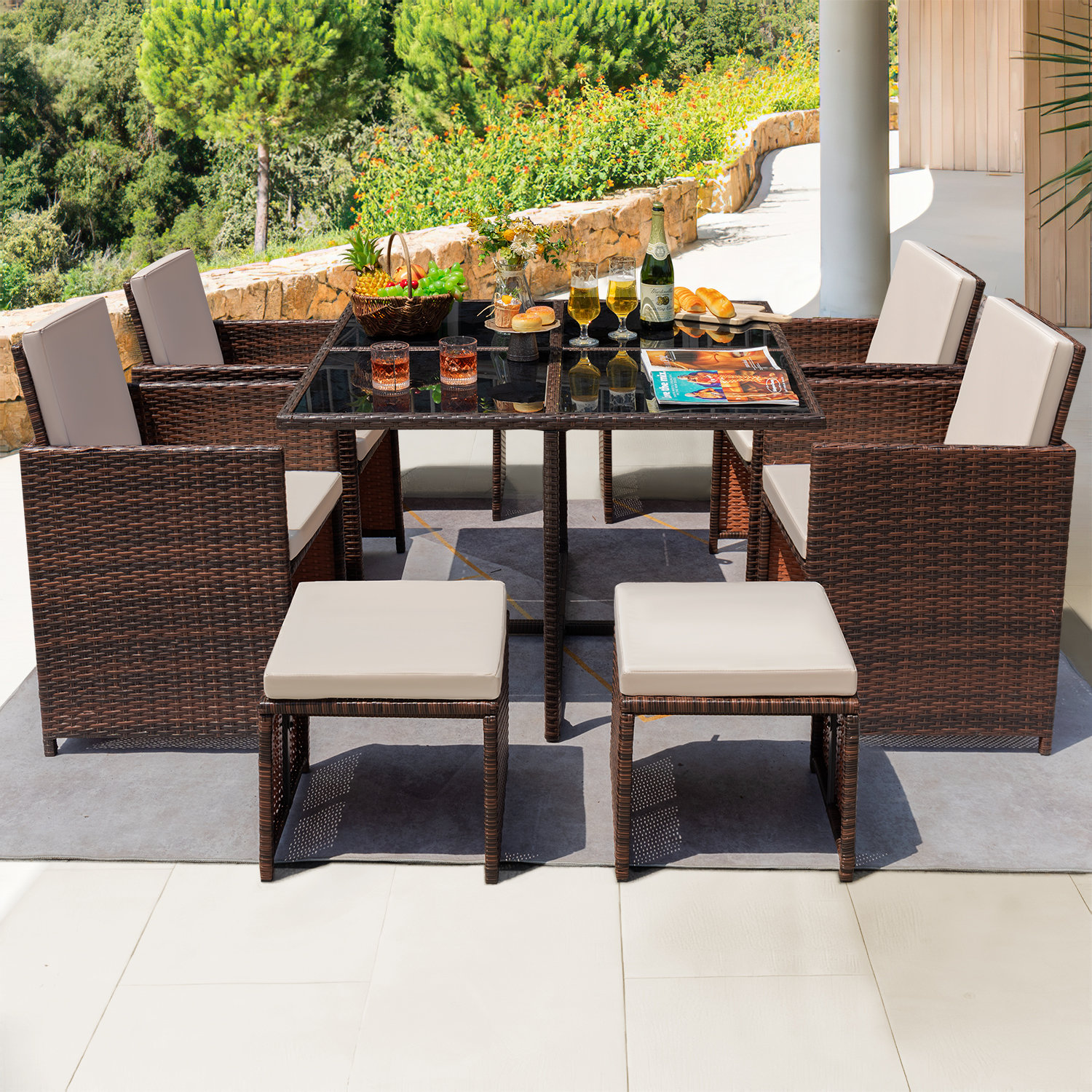 Brown, Grey Table and Cushioned Chairs Wicker Patio Dining Set 2 Colors 