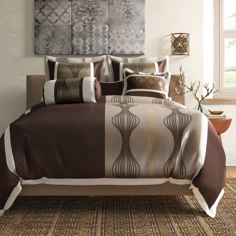 ALL SIZES Luxury 7pc Brown Geometric Duvet Cover Bedding Set AND Pillows 