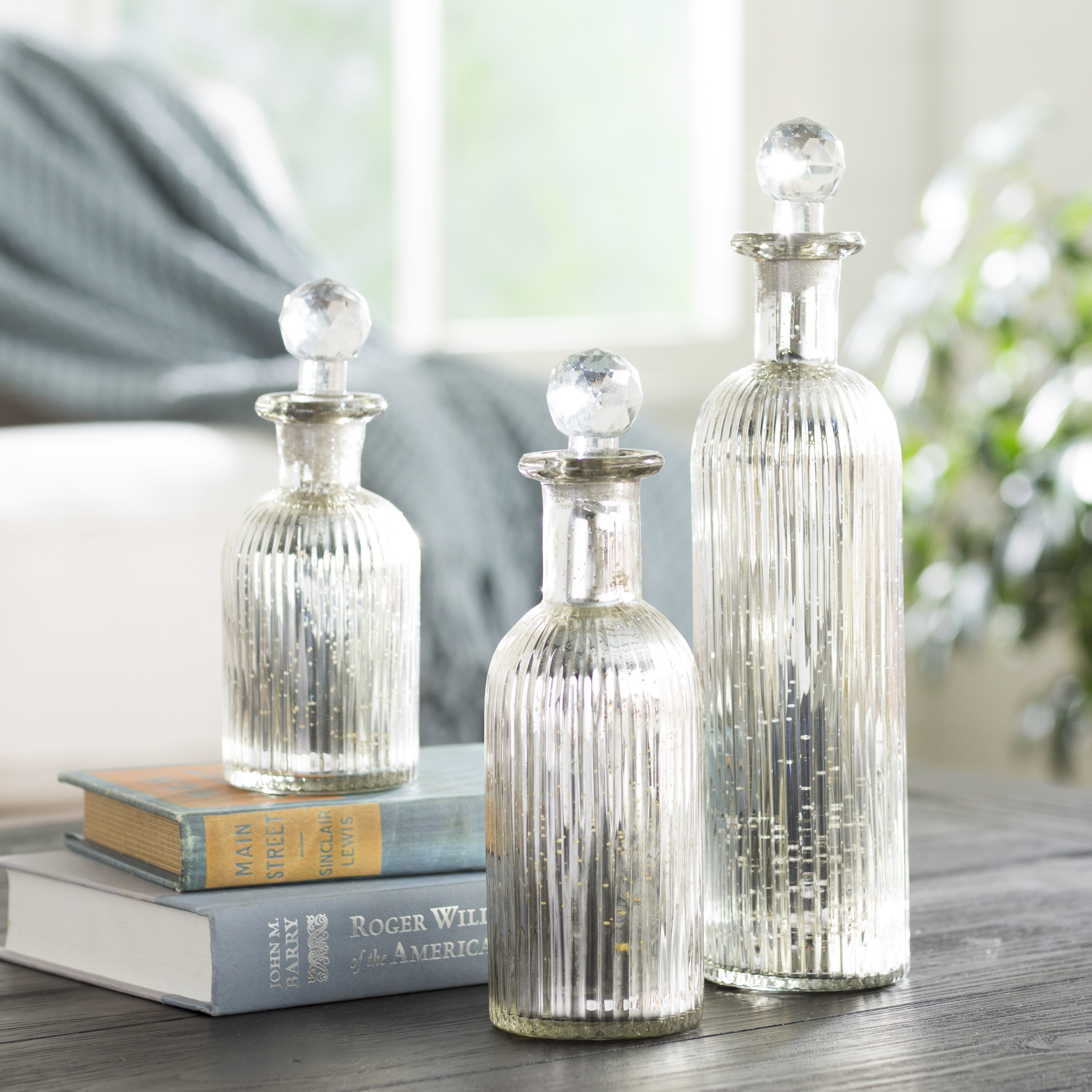 Fairmont Park 3 Piece Silver/Green Glass Decorative Bottles Set