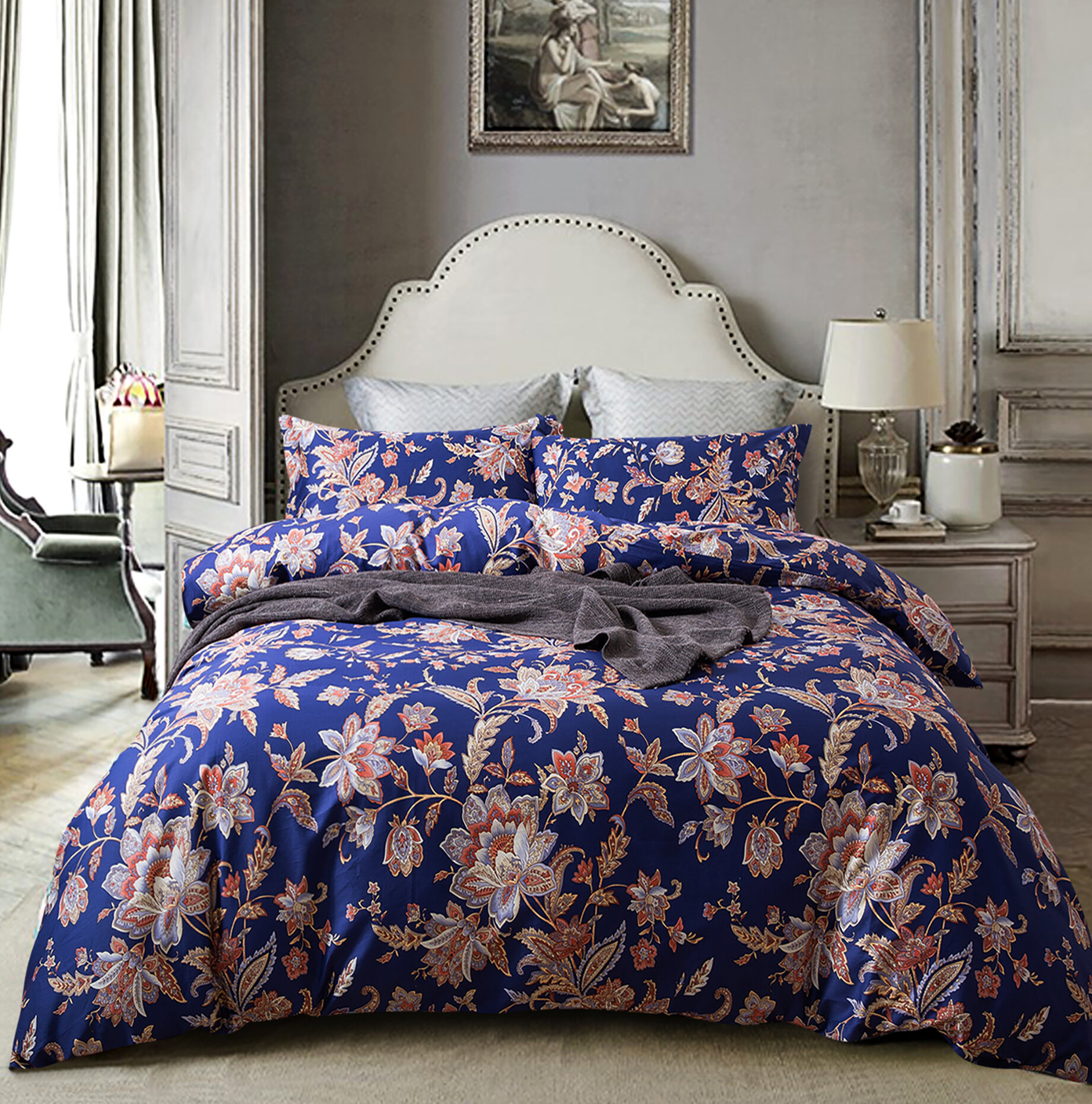 Comforters And Bedding Sets Twin Xl Full Queen King Bed Blue Tan Jacobean Floral 3 Pc Comforter 