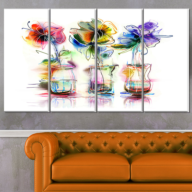Designart Abstract Flowers In Glass Vases 4 Piece Painting Print