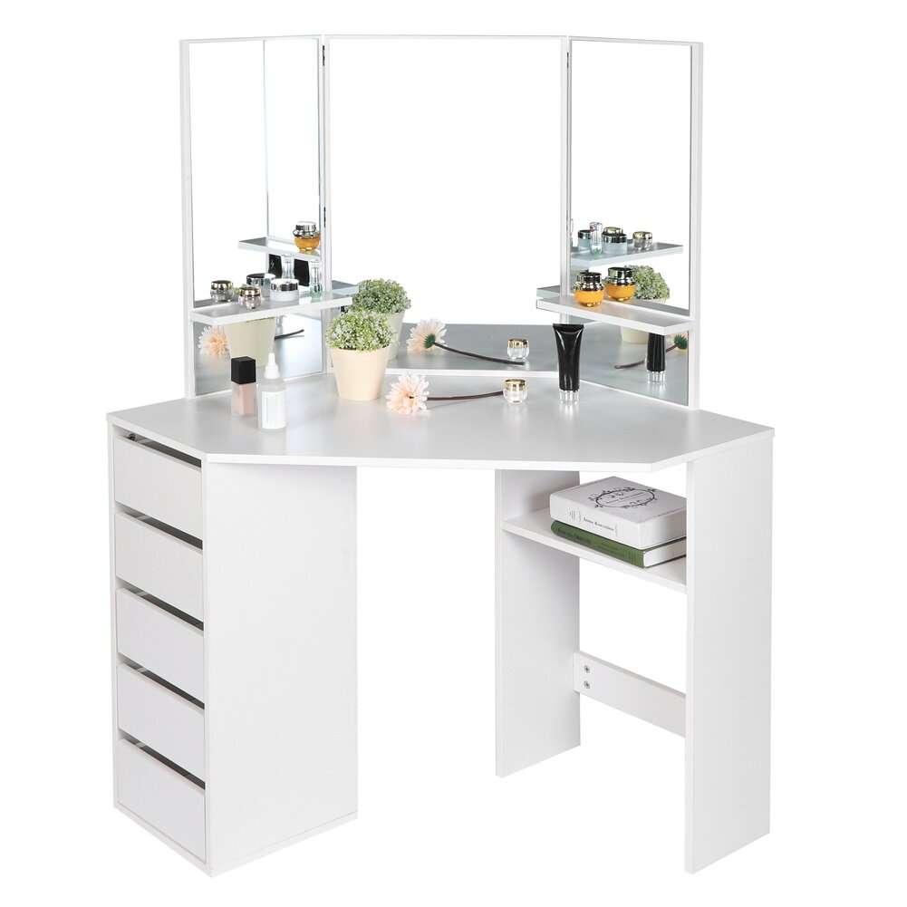 Latitude Run White Corner Vanity Table Dressing Table With Three Fold Mirror Space Saving Makeup Desk With 5 Drawers Storage Carbinet Bedroom Bathroom Home Decor Wedding Birthday Valentine Wayfair