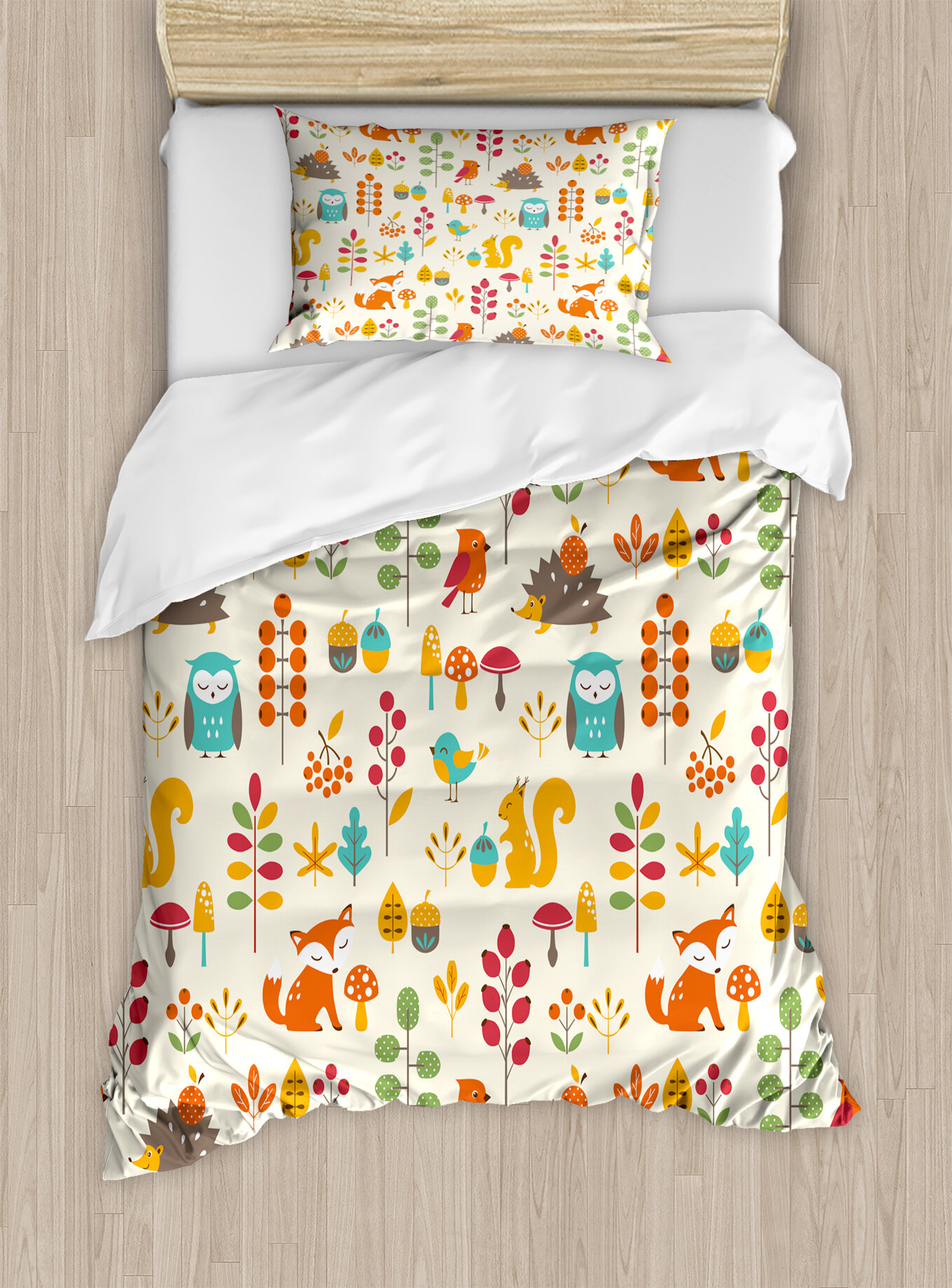 East Urban Home Cute Autumn Pattern With Owl Fox Squirrel Birds