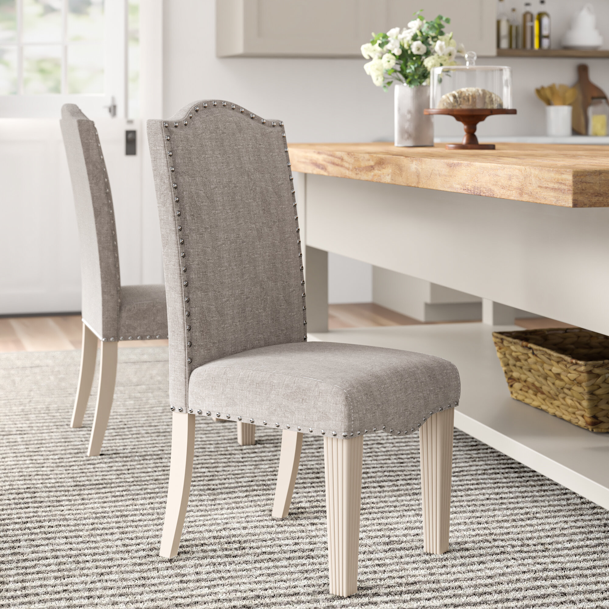 STONE GREY LINEN UPHOLSTERED DINING CHAIRS FRENCH STYLE BUTTON BACK LIMED LEGS 