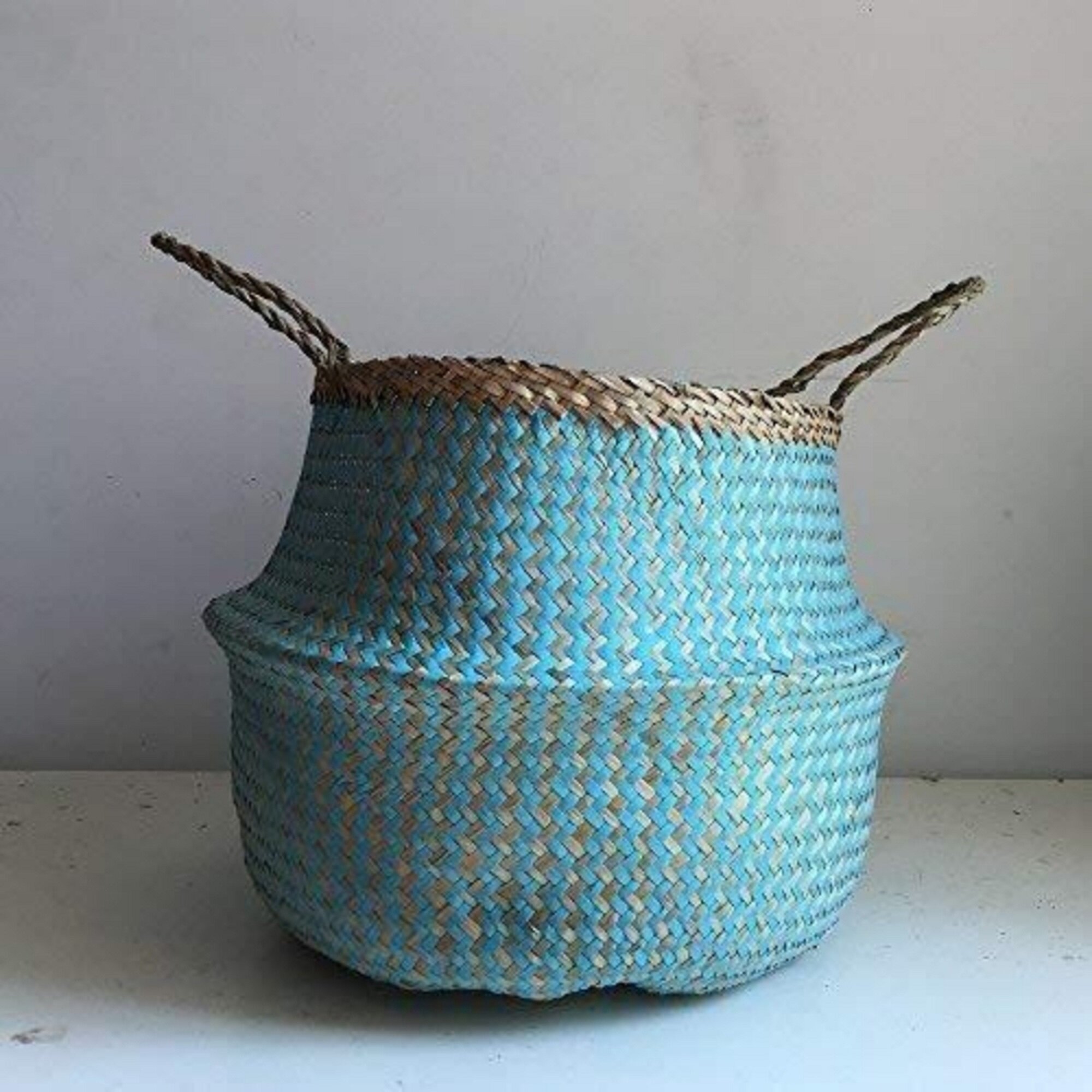 Pieghevole Handcraft Weave Belly Basket Organizzazione Organizzazione Cestino Tessuto Seagrass Cesto di Frutta Vaso di Fiori Impugnatura 
