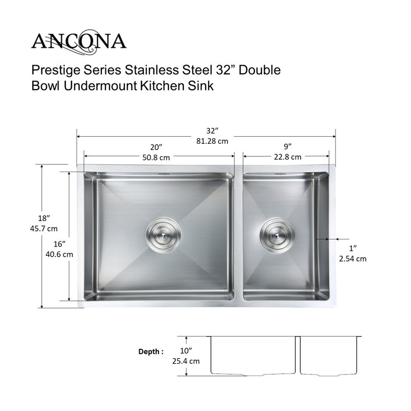 Ancona Prestige Series Stainless Steel 32 L X 18 W 70 30 Double Bowl Undermount Kitchen Sink With Grids And Strainers Reviews Wayfair