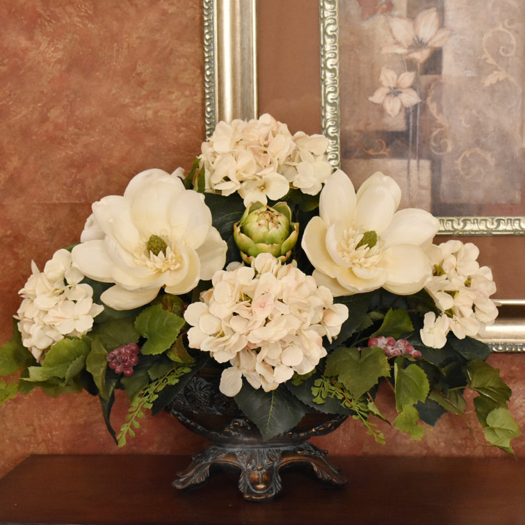 Floral Home Decor Cream Magnolia And Hydrangea Silk Floral Centerpiecein Embossed Oval Vase Reviews Wayfair