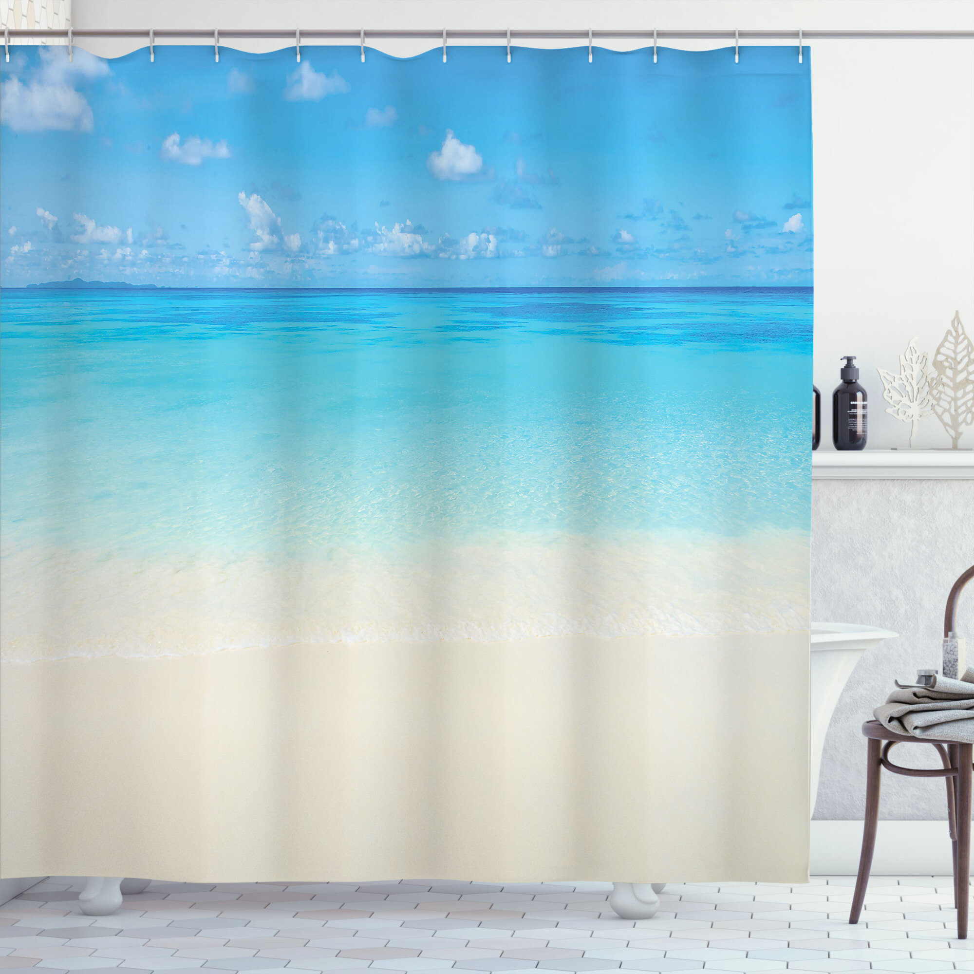 Blue Sky Sea Beach Waterproof Fabric Shower Curtain Set w/ Hooks Bathroom Rug 