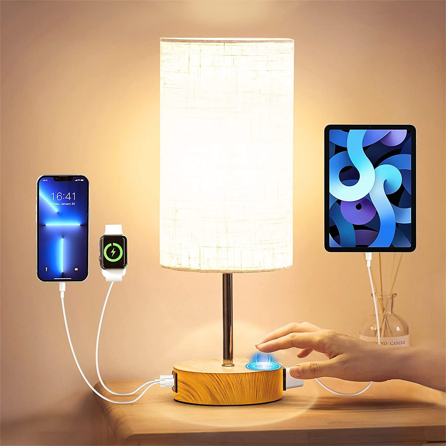 Touch Table Lamp with USB and Type C Charging Port Power Outlet 3-Way Dimmable 