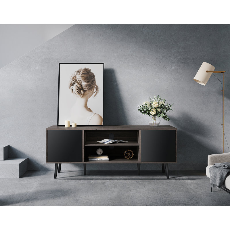 George Oliver Wampat Mid Century Modern Tv Stand For 65 Flat Screen Wood Tv Console With Shelves And Doors Living Room Storage Entertainment Centre Black