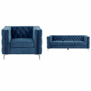 Modern 2 Pieces Of Armchair And Sofa Sets With Dutch Velvet Blue, Iron Legs (Set of 2) by Mercer41