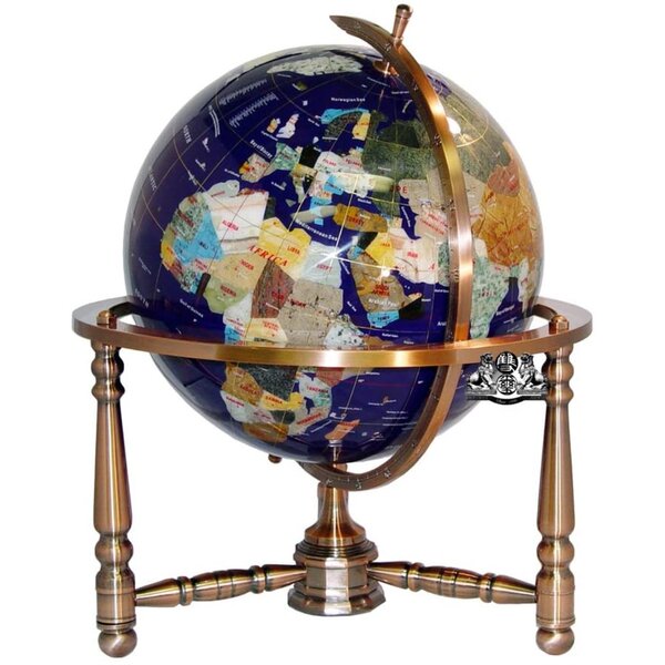 Genuine Multi-Gemstone Desktop Globe Gold Tone Base w/ Brown Copper Globe