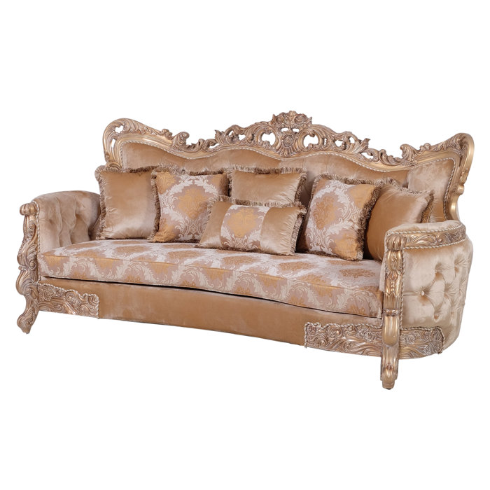 Traditional Style Wooden Sofa With Engraving Details Gold And Beige Traditional Style Wooden Sofa With Engraving Details Gold And Beige