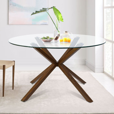 Aunnika 39" Glass Round Dining Table, Walnut Legs