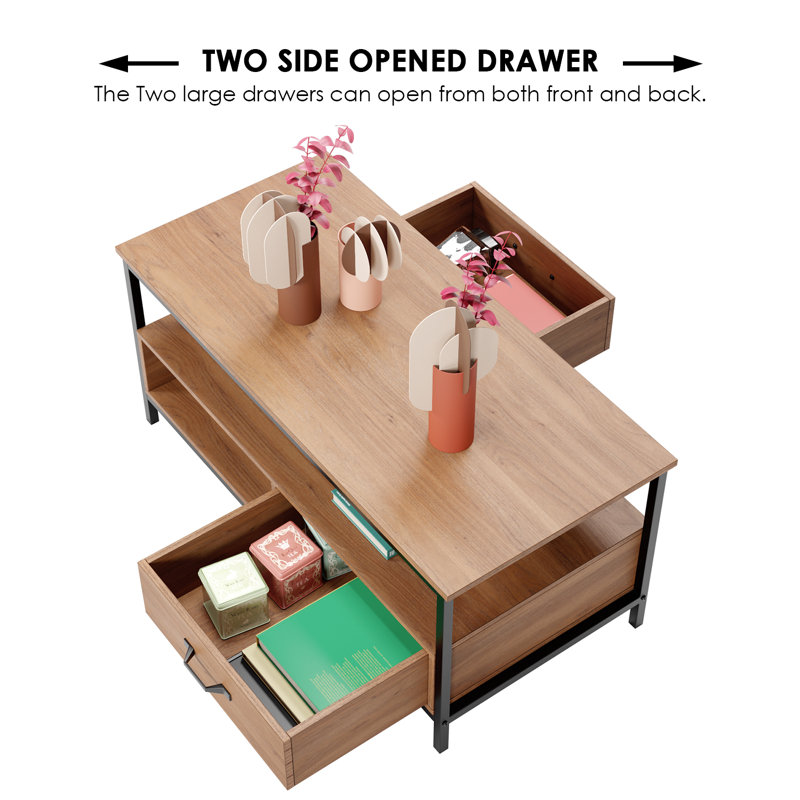 Ebern Designs Coffee Table With Drawers Centre Table With Storage Shelves Modern Cocktail Table Sofa Tea Table For Living Room Wood And Metal Frame Rustic Brown Reviews Wayfair Ca