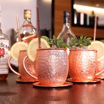 Pyramid Surface Moscow Mule Copper Mugs Set of 4 with Straw and Brush