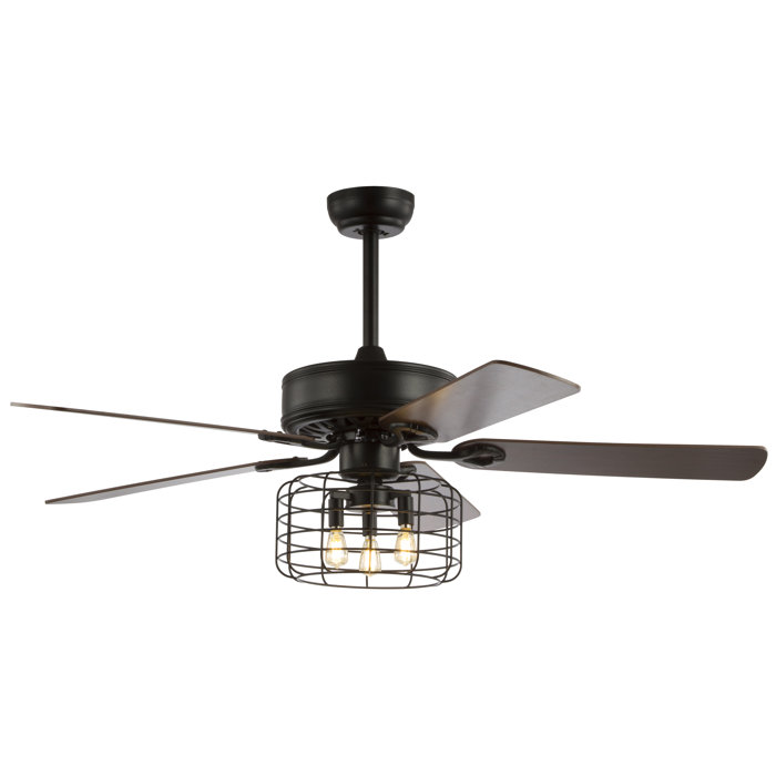 52 Vaughn 3 Light Industrial Metal Wood Ceiling Fan With Remote Forged Black