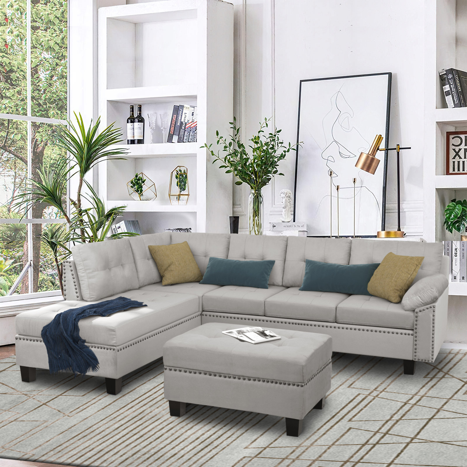 Red Barrel Studio Sectional Sofa Set With Chaise Lounge And Storage Ottoman Nail Head Detail Wayfair