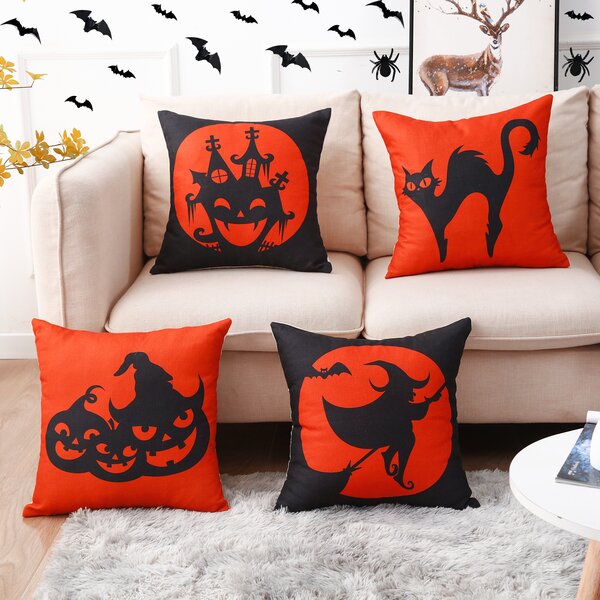 Set of 4 Pack Bright Winter Halloween Throw Pillow Case 18x18 Decorative Happy Halloween Covers Rustic Vintage Fall Holiday Decor for Couch Orange Red Sofa Decorations Pillowcase Indoor and Outdoor 