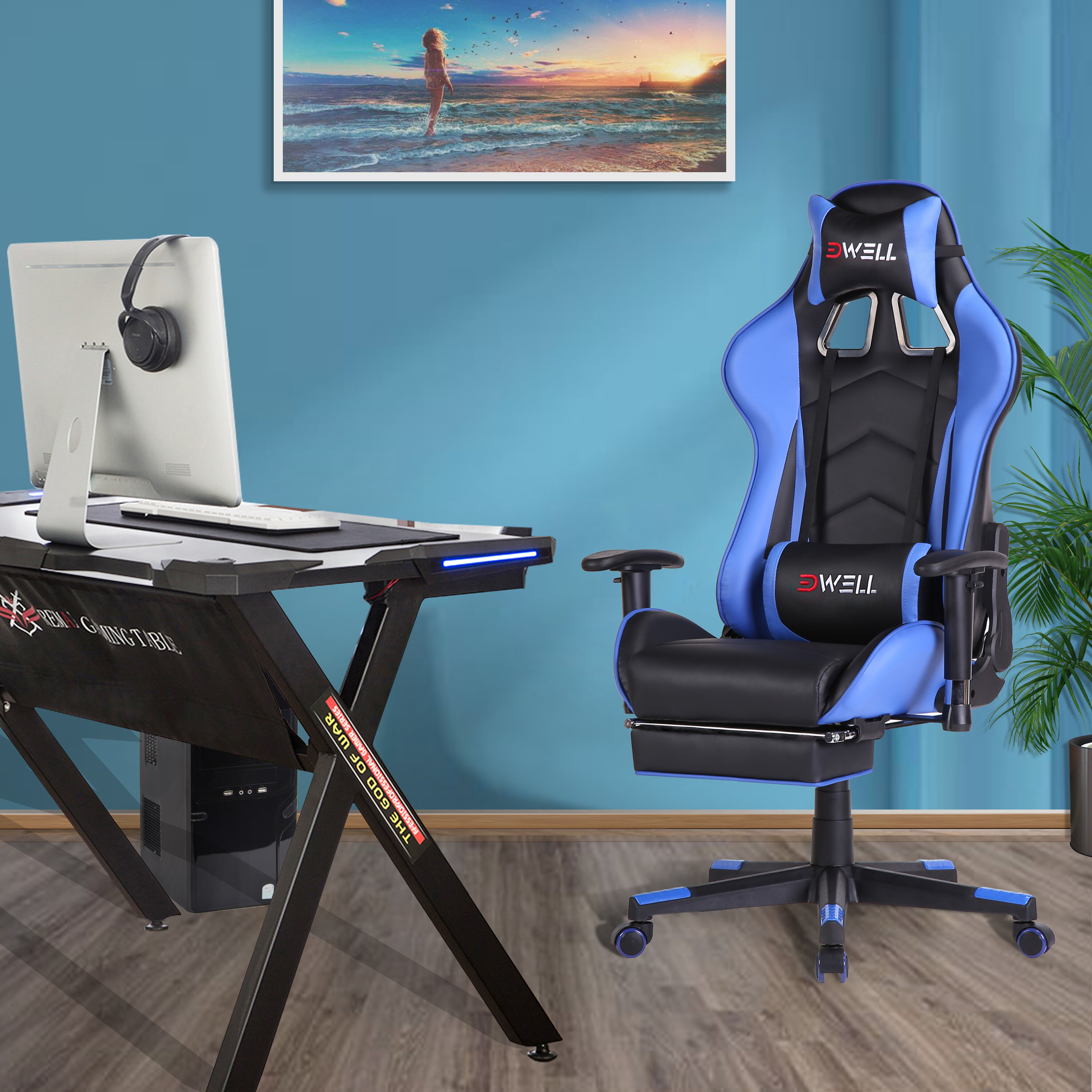 teal gaming chair with footrest