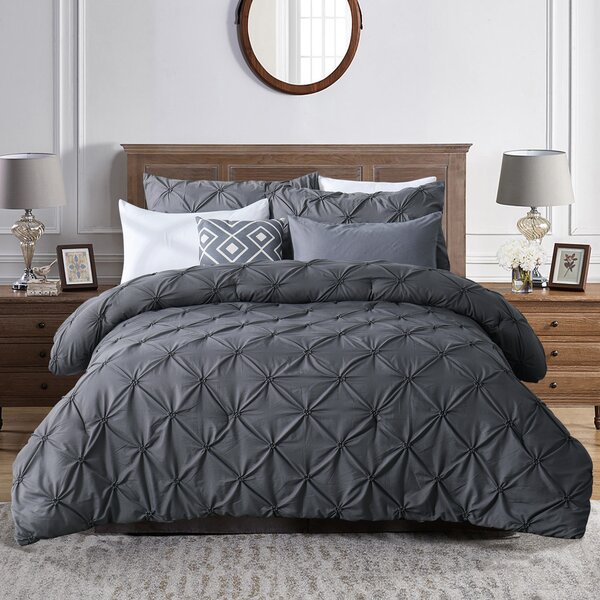 Gray Oxford Double Needle Luxury Soft Decorative Pinch Pleat Comforter Set 