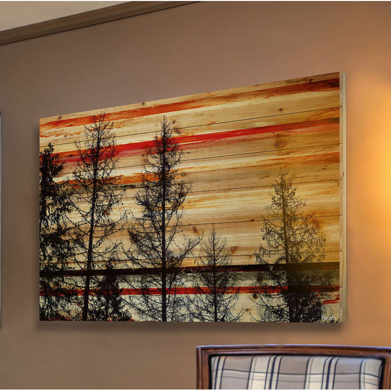 Union Rustic Trees Against Red Sky By Parvez Taj Print On Wood