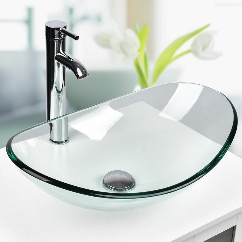 Elecwish Tempered Glass Oval Vessel Bathroom Sink With Faucet