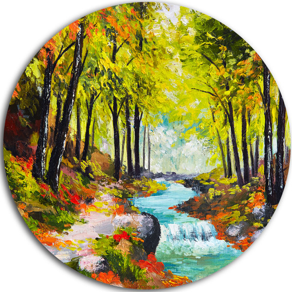 Designart River In Green Autumn Forest Oil Painting Print On