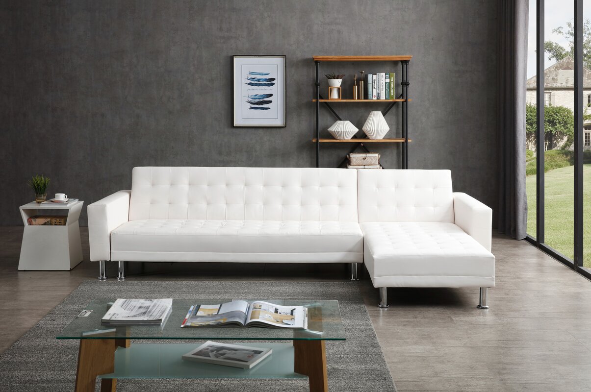 Shop Laux 118" Wide Faux Leather Reversible Sleeper Sofa & Chaise from Wayfair on Openhaus