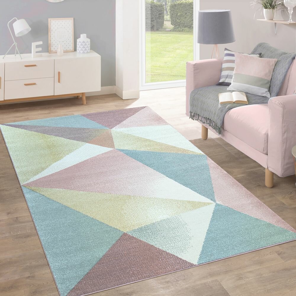 Short Pile Carpet Living Room Design Rectangle Check Pattern Grey Pink Mottled 