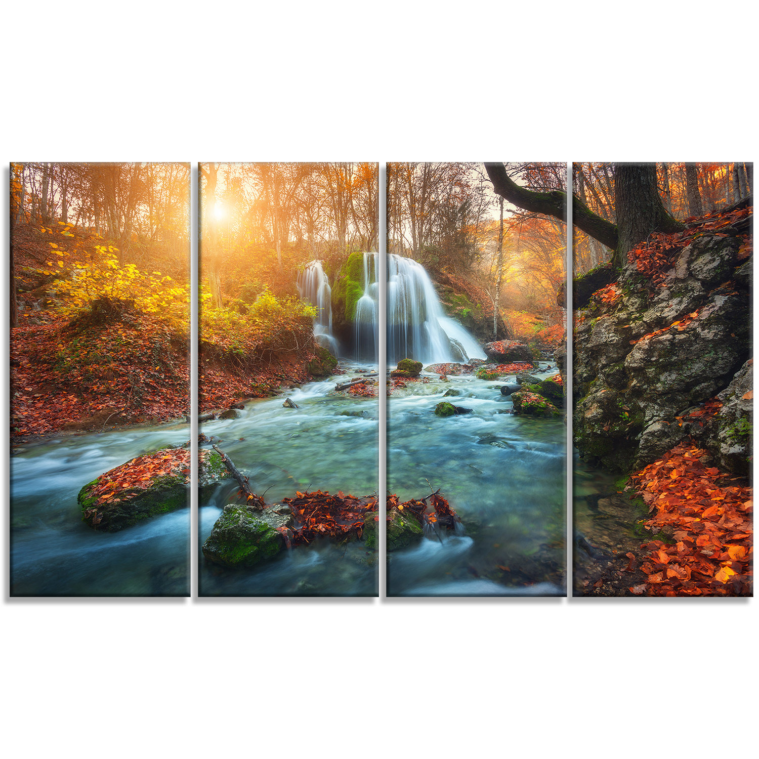 Designart Fast Flowing Fall River In Forest 4 Piece Graphic Art On Wrapped Canvas Set Wayfair