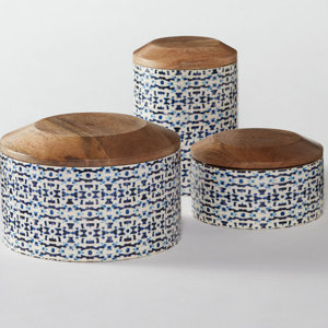 Enamel Coated Mango Wood 3 Piece Kitchen Canister Set