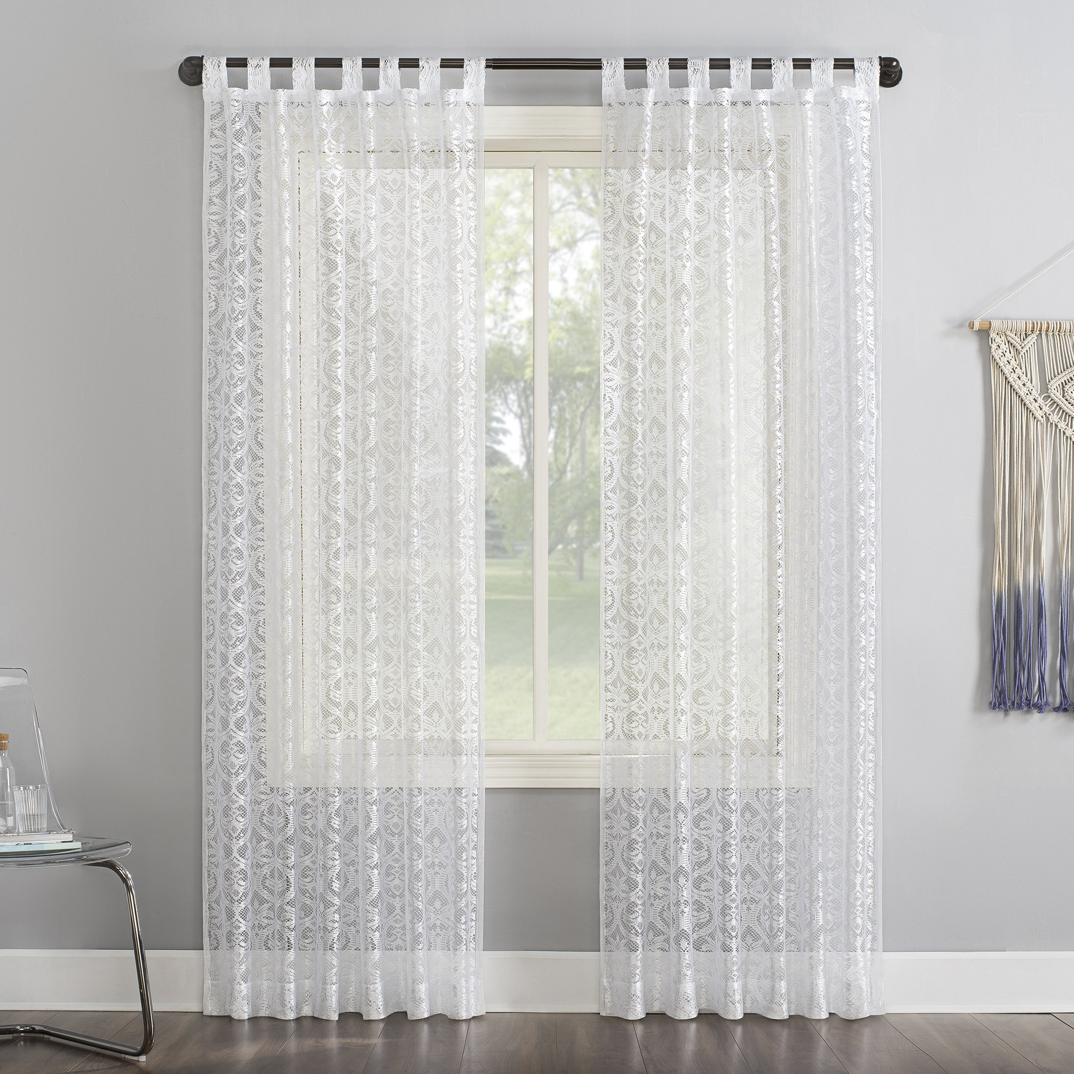 One Allium Way Irene Macrame Lace Sheer Tab Top Single Curtain