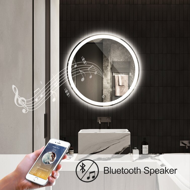 LHY BATHLEADER Round LED Lighted Bathroom Mirror Anti-Fog Wall Mounted Makeup Mirror with Lights Dimmable LED Touch Button Bluetooth Speaker Time Temperature 3X Magnifying Mirror,23inch