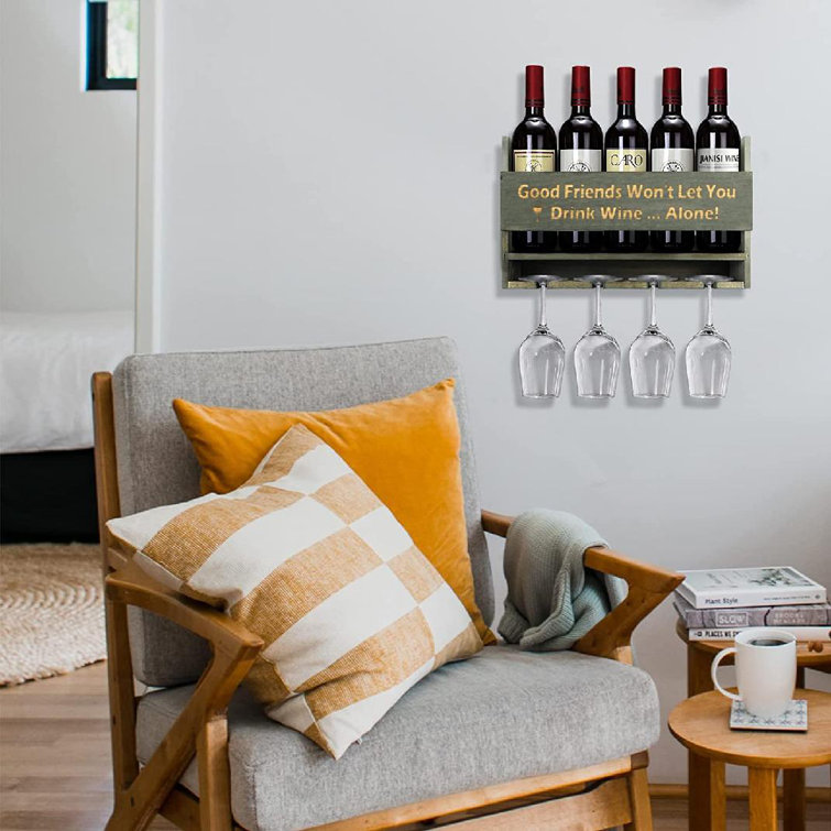 5 Bottle Solid Wood Wall Mounted Wine Bottle & Glass Rack in Blue-Gray