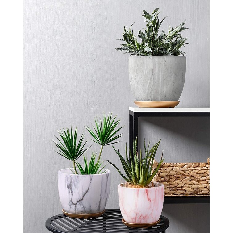 Flower Pot Outdoor 5.5 Inch Ceramic Planters Indoor Plants 7 Inch Plant Pot with Drainage and Saucer 7+5.5 Plant Pot and Gold Saucers Inculded Marble Planter Pink Indoor Pots for Plants 