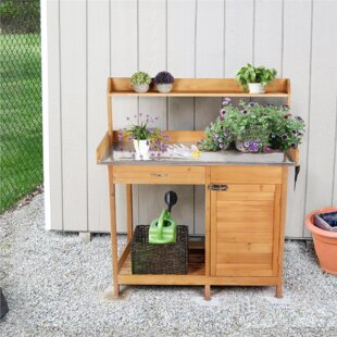 4 Feet 2 Wheels/Grey Potting Table Garden Work Station Planting Bench Metal Tabletop with Storage Drawer Cabinet and Open Shelf for Backyard Patio and Lawns Elevens Potting Bench Tables Outdoor 